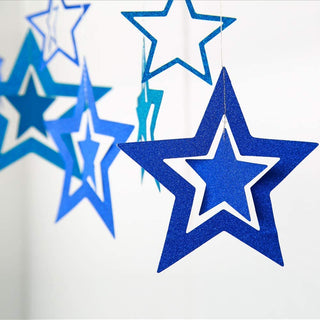 Blue and white hanging star garland with 3D glitter star cutouts