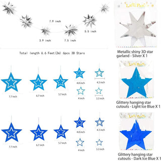 Star garland size chart showing blue and metallic silver 3D hanging stars