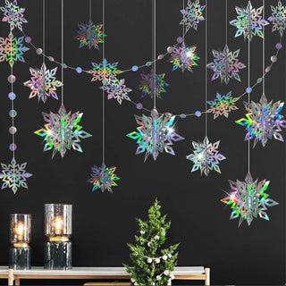Iridescent holographic 3D snowflake hanging ornament set on a string garland