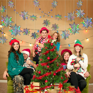 Iridescent holographic 3D snowflake hanging ornament decoration on garland string