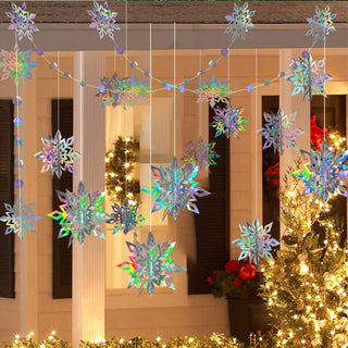 Holographic iridescent 3D snowflake hanging ornament cluster on light string