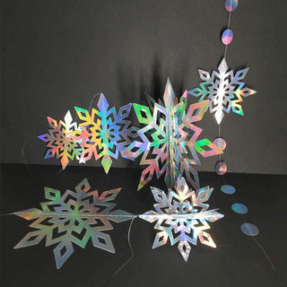 Iridescent holographic 3D snowflake hanging ornament with floating bead accents
