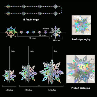 3D holographic iridescent snowflake ornament set with included hanging sizes and 4 pcs