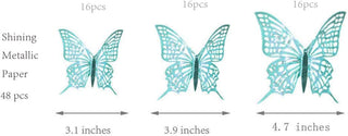 Teal blue butterfly wall stickers dimensions, metallic paper, 48 pcs, three sizes from 3.1 inches to 4.7 inches