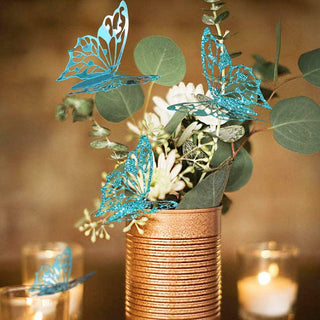 Teal blue butterfly wall stickers for party decorations hovering over bouquet
