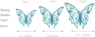 Teal blue butterfly sticker dimensions, metallic paper, 48 pcs, 3 different sizes from 3.1 inches to 4.7 inches