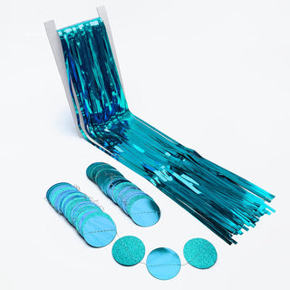 Foil Fringe Curtain Backdrops and Circle Garlands Set in Teal Blue (6pcs) 5