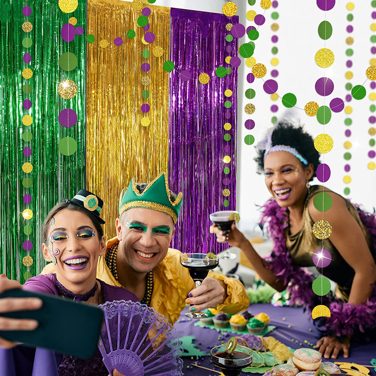 Mardi Gras Foil Fringe Curtain & Bead Garland in Green Gold Purple –  Cheerland