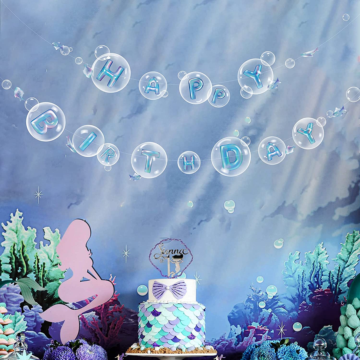 Cheerland Ocean Theme Under The Sea Circle Garlands Holographic Bubble  Decoration Iridescent Hanging Bubbles Backdrop Streamer Decor Baby Shower