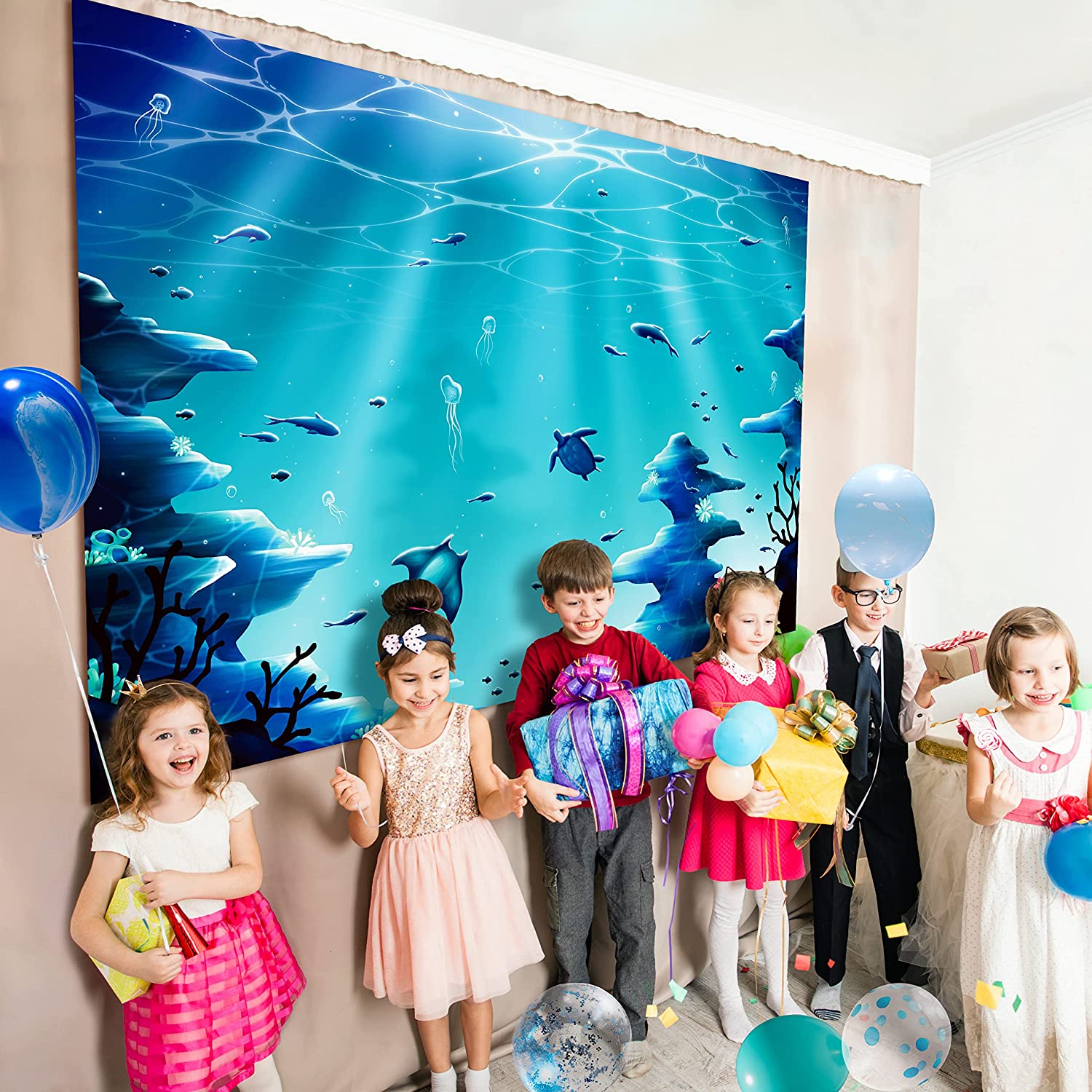 Under The Sea Backdrop for Ocean Party Decoration 5x7 ft Blue