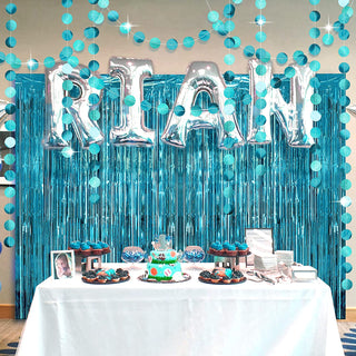 Foil Fringe Curtain Backdrops and Circle Garlands Set in Teal Blue (6pcs) 4