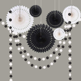 Black and white paper rosette and dot garland kit with hanging circular paper fans