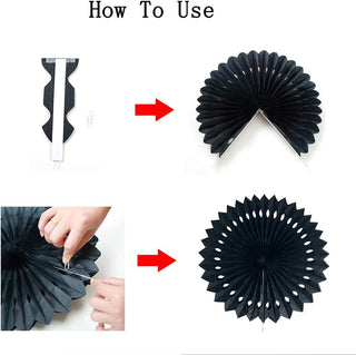 Black paper rosette how-to diagram showing folding and ribbon attachment