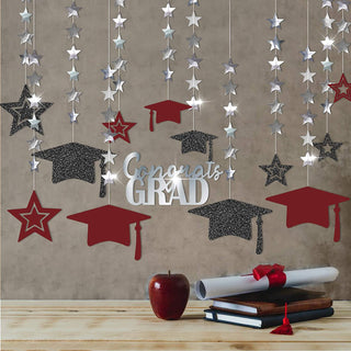 Graduation cap and star banner garland with dark gray and burgundy caps, silver stars
