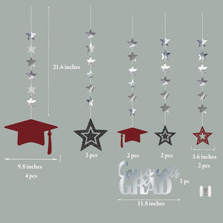 Graduation cap and star banner garland size chart with hanging caps and star pieces