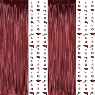 Burgundy foil fringe curtain with graduation cap and medal garland strands