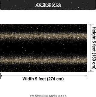 Champagne gold glitter tablecloth size diagram: 9 ft wide, 5 ft long