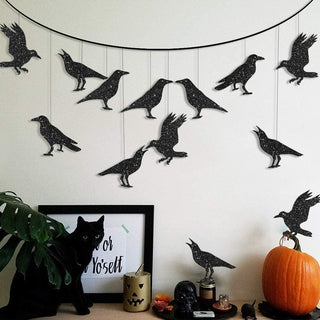 Black glitter crow banner pieces on thin string, Halloween party decoration set