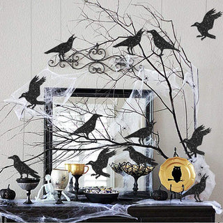 Black glitter crow banner garland with crow silhouettes on thin string