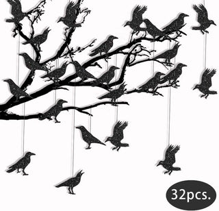 Black glitter crow banner garland with multiple crow cutouts, 32-piece set
