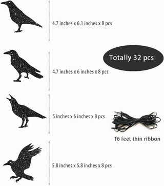 Crow banner size chart: 16 ft thin ribbon, 32 glitter crow pieces