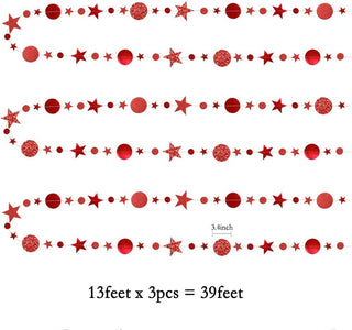 Red star and circle garland streamer strips with length and count graphic