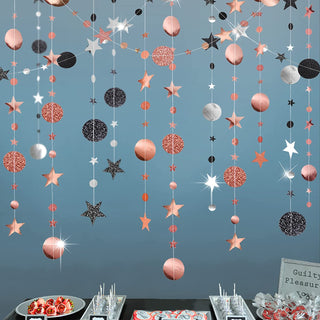 Rose gold, black, and white glitter star and circle dot hanging garland, 52 ft
