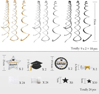Gold and Black Graduation Hanging Swirl Set dimensions – Includes 18 swirls (55 cm each) in gold, silver, and black; 24 paper cutouts featuring "Congrats Grad," graduation caps, diplomas, and stars; plus 24 glue dots and 24 hooks.
