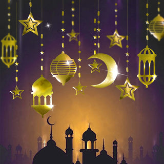 Ramadan lantern garland with gold crescent, stars, globe lantern and mosque icons
