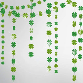 Glitter shamrock clover garland with hanging green glitter clovers