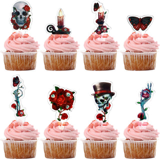 Halloween cupcake toppers set of 8: skull, candle, rose, skeleton hand, eyeball and moth elements