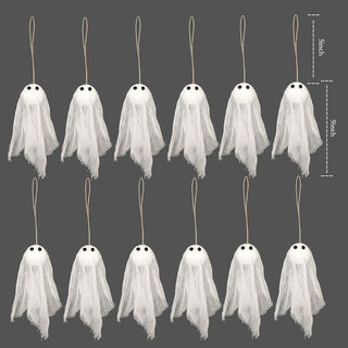 Twelve hanging ghost decorations with white tulle sheets and black eyes on strings