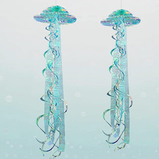 Hanging iridescent jellyfish decoration, blue teardrop body with swirling ribbon tentacles