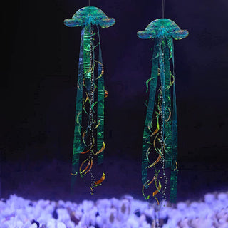 Hanging iridescent jellyfish decoration, teal-blue shimmering dome top with ribbon tentacles