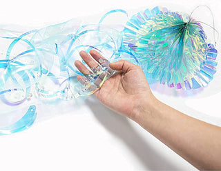 Hanging iridescent jellyfish decoration, iridescent dome top with curled ribbon tentacles