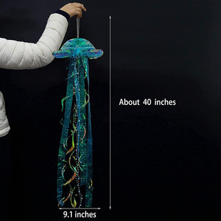 Hanging iridescent jellyfish decoration, about 40 in long with blue ribbon tentacles