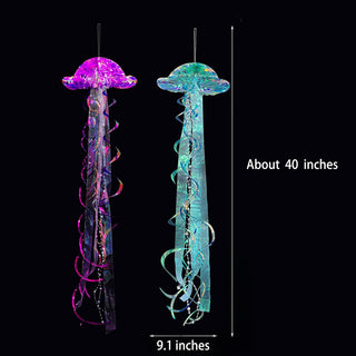 Purple and teal glitter jellyfish decorations with iridescent caps and long hanging streamers