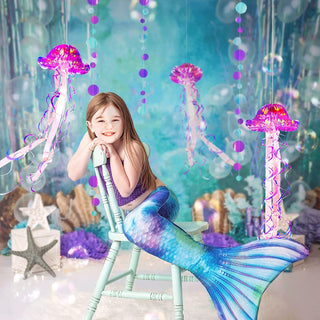 Hanging iridescent purple jellyfish decoration with glittery ribbon tentacles