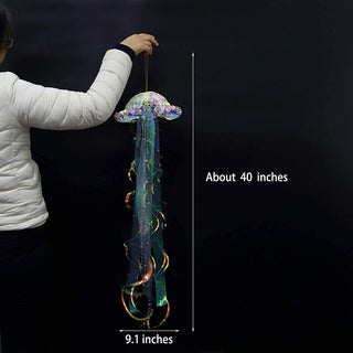 Iridescent holographic jellyfish hanging decoration with ribbon tentacles, about 40 in