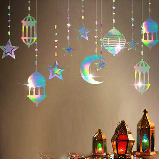 Iridescent hanging moon and star lanterns with mosque lanterns on beaded string.