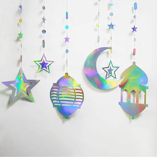 Holographic star, moon, and mosque lantern garland on vertical strings.