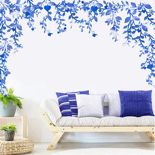 Blue leaf vine garland border with trailing heart-shaped leaves