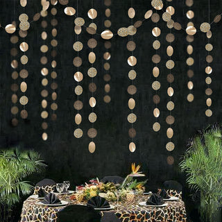Shiny circle rosette garland strands with champagne, gold, and leopard discs
