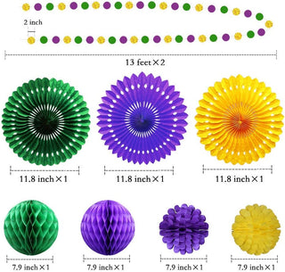 Dimension picture showing 3 11.8-inch Mardi Gras paper fans, 4 7.9-inch honeycomb balls and 2 13-feet dot garlands in green, purple, and gold