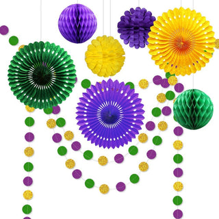 Mardi Gras garland and paper fan set with green, purple, and yellow fans and hanging dots
