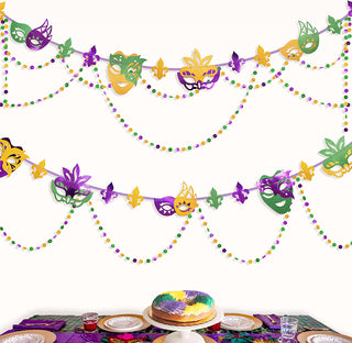 Mardi Gras mask banner with purple, gold, and green masks and multicolor bead garlands