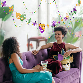 Mardi Gras mask and bead garland banner with purple, gold, and green masks above seating