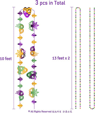 Mardi Gras mask banner set diagram: 10 ft strand plus 13 ft x2 bead garlands, 3 pcs