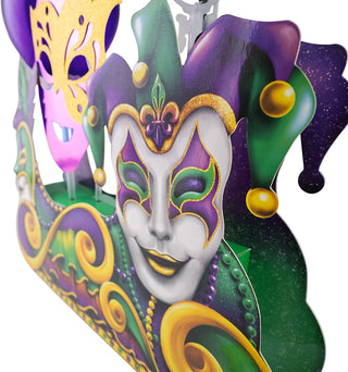 Ornate Mardi Gras cat mask topper in purple, green and gold with decorative scrolls