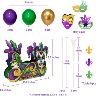 Mardi Gras centerpiece set size diagram for mask and fleur-de-lis toppers